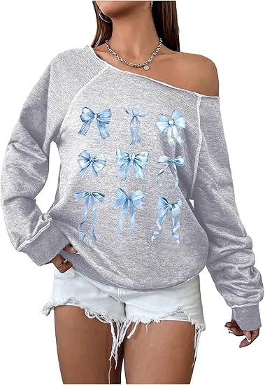 Grey-Blue Fall Chic Off Shoulder Sweatshirt