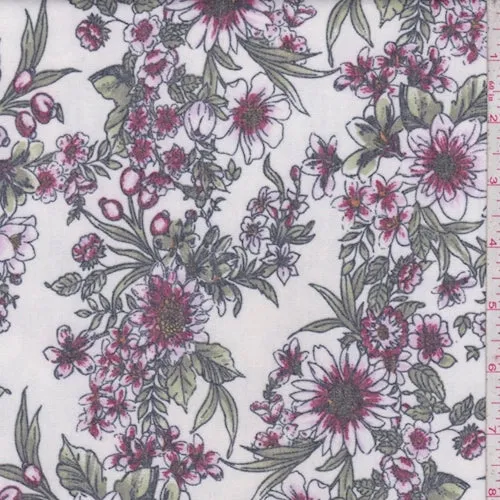Ivory/Wine Floral Brushed French Terry Knit Fabric