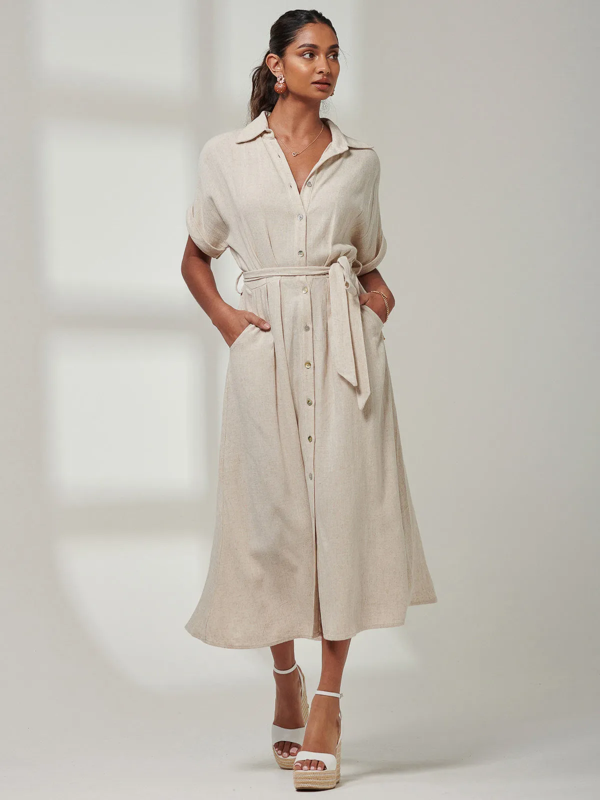 Jessie Linen  Shirt Midi Dress, Oatmeal