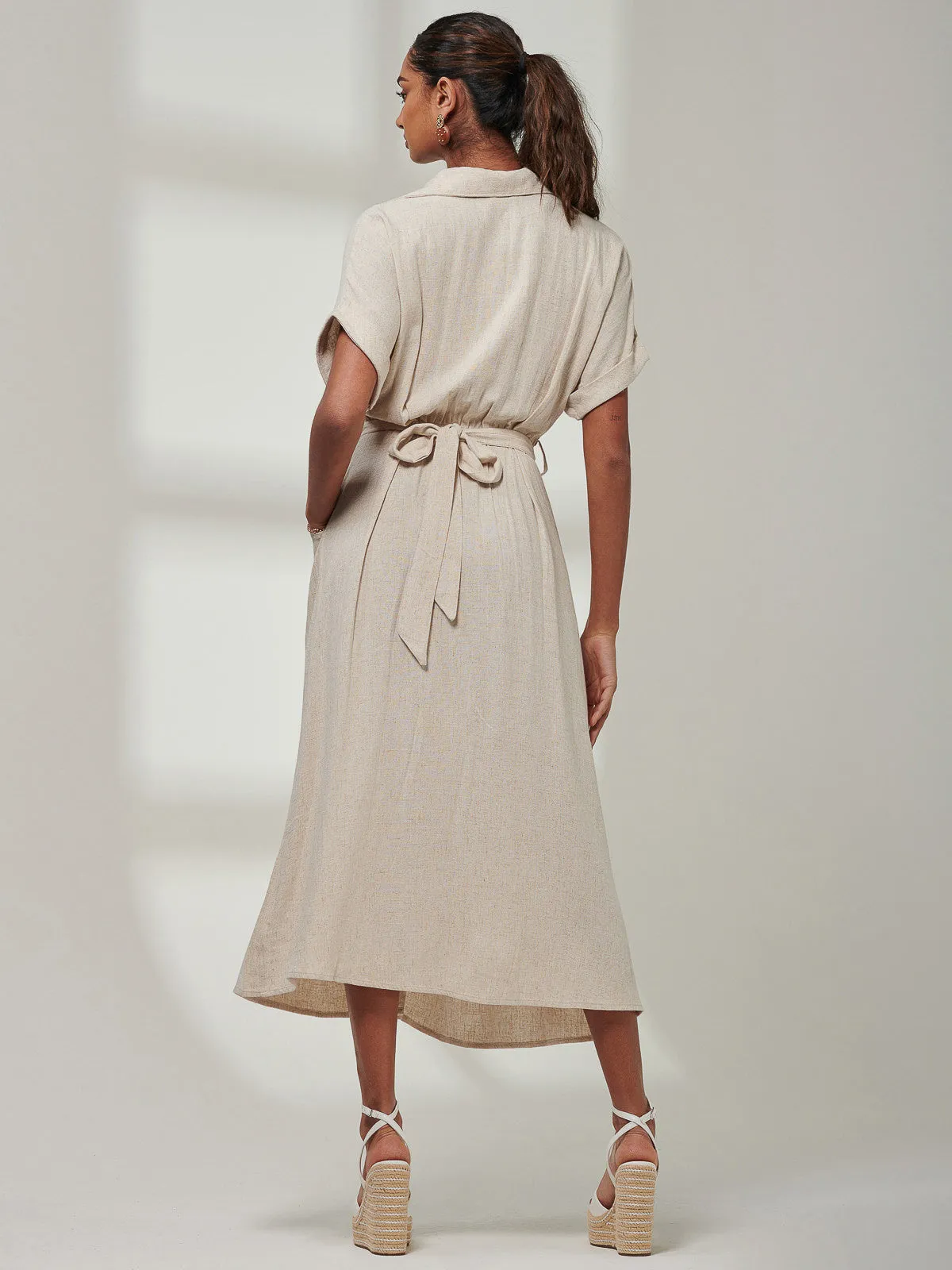 Jessie Linen  Shirt Midi Dress, Oatmeal