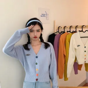 Korea CHIC Sweet Look Colourful Button V-Neck Long Sleeved Knitted Cardigan Women Outerwear