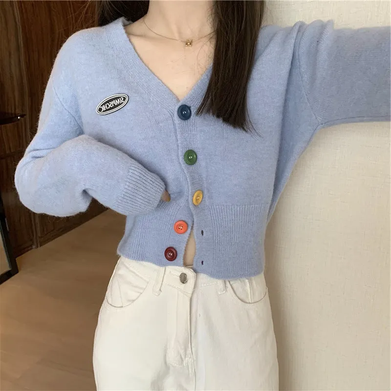 Korea CHIC Sweet Look Colourful Button V-Neck Long Sleeved Knitted Cardigan Women Outerwear