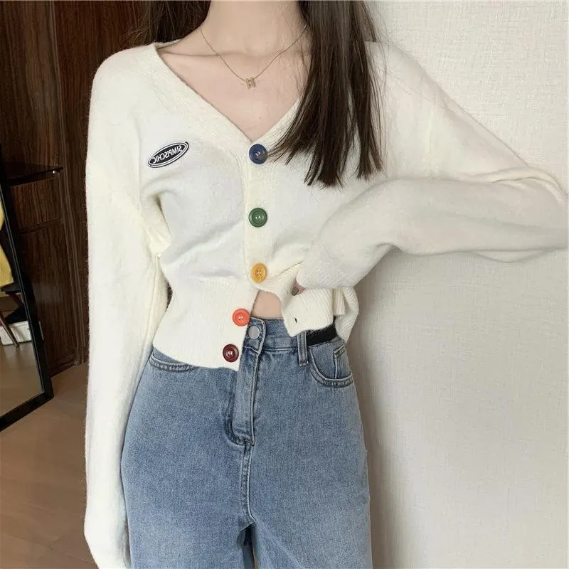 Korea CHIC Sweet Look Colourful Button V-Neck Long Sleeved Knitted Cardigan Women Outerwear
