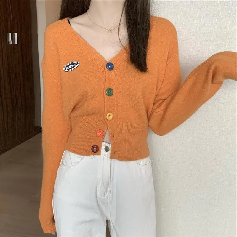 Korea CHIC Sweet Look Colourful Button V-Neck Long Sleeved Knitted Cardigan Women Outerwear