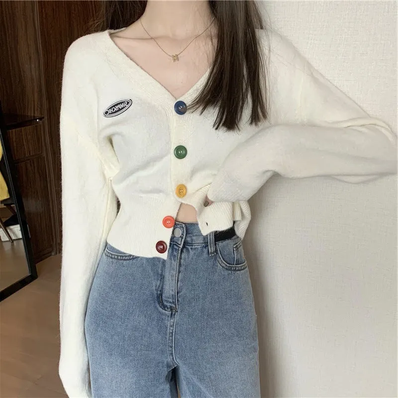 Korea CHIC Sweet Look Colourful Button V-Neck Long Sleeved Knitted Cardigan Women Outerwear