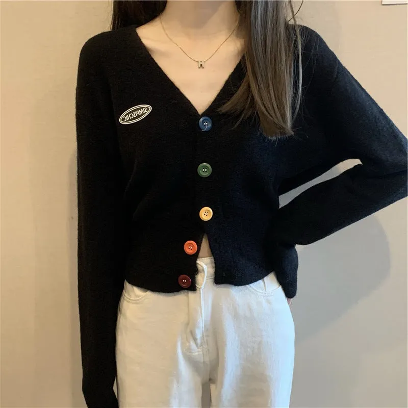 Korea CHIC Sweet Look Colourful Button V-Neck Long Sleeved Knitted Cardigan Women Outerwear