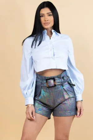 Light Blue Collar Crop Button Ribbon Bluse