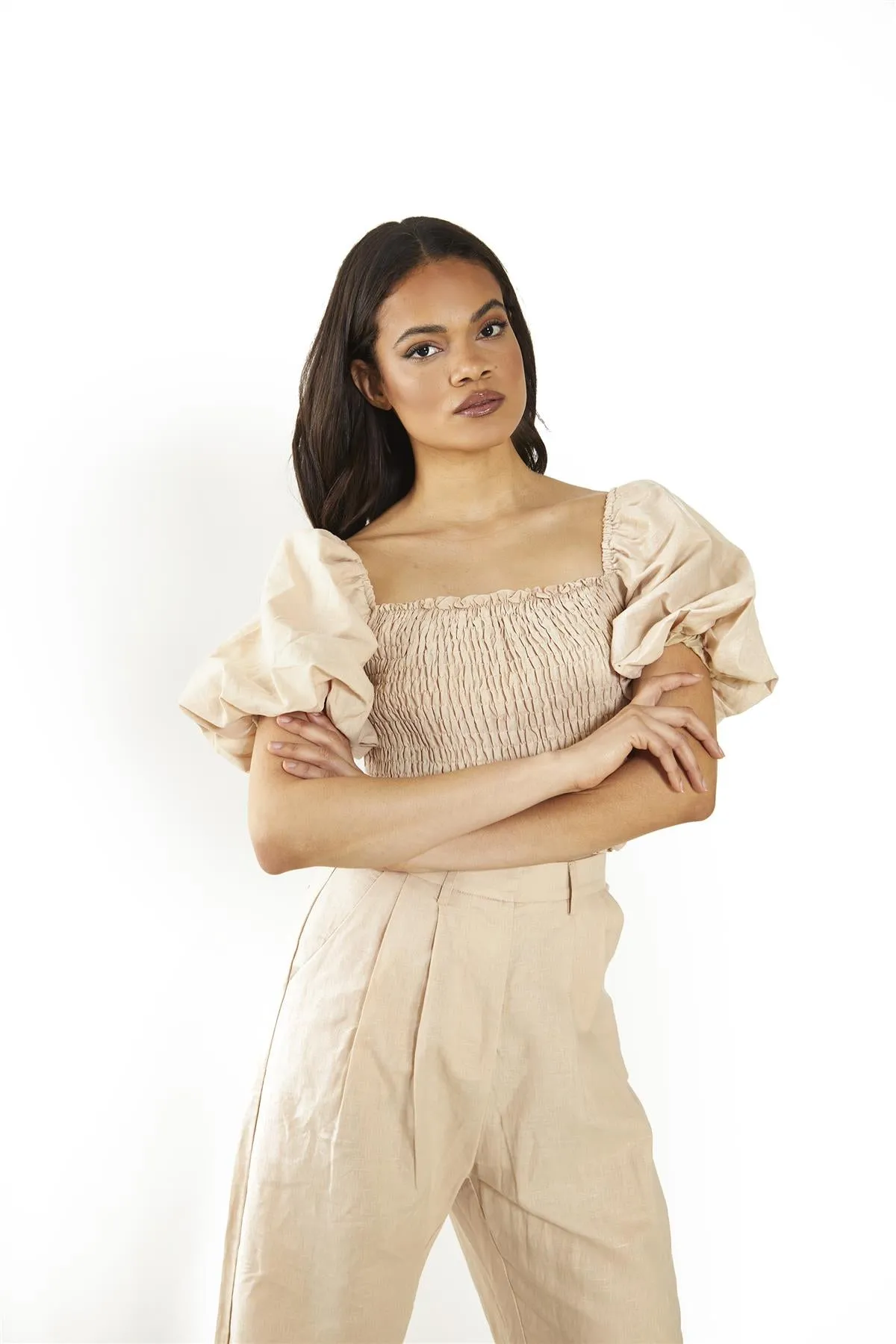 Light Stone Shirred Crop-Top