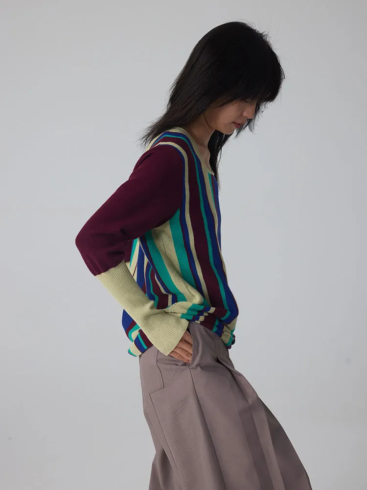 Long-Cuff Stripe Retro Chic Square-Neck Knit