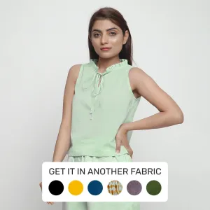 Mint Green Yarn Dyed Cotton Ruffled Tie-Neck Top