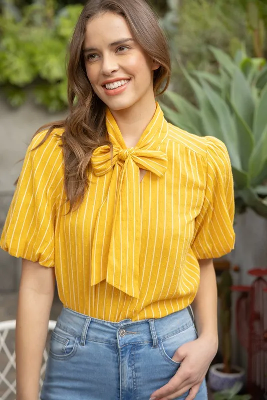 Mustard Front Neck Tie Texture and Striped Top