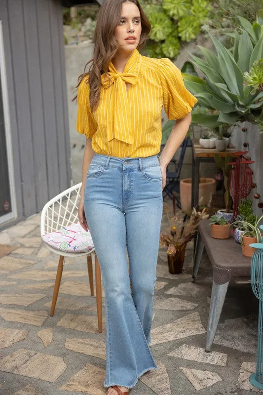 Mustard Front Neck Tie Texture and Striped Top
