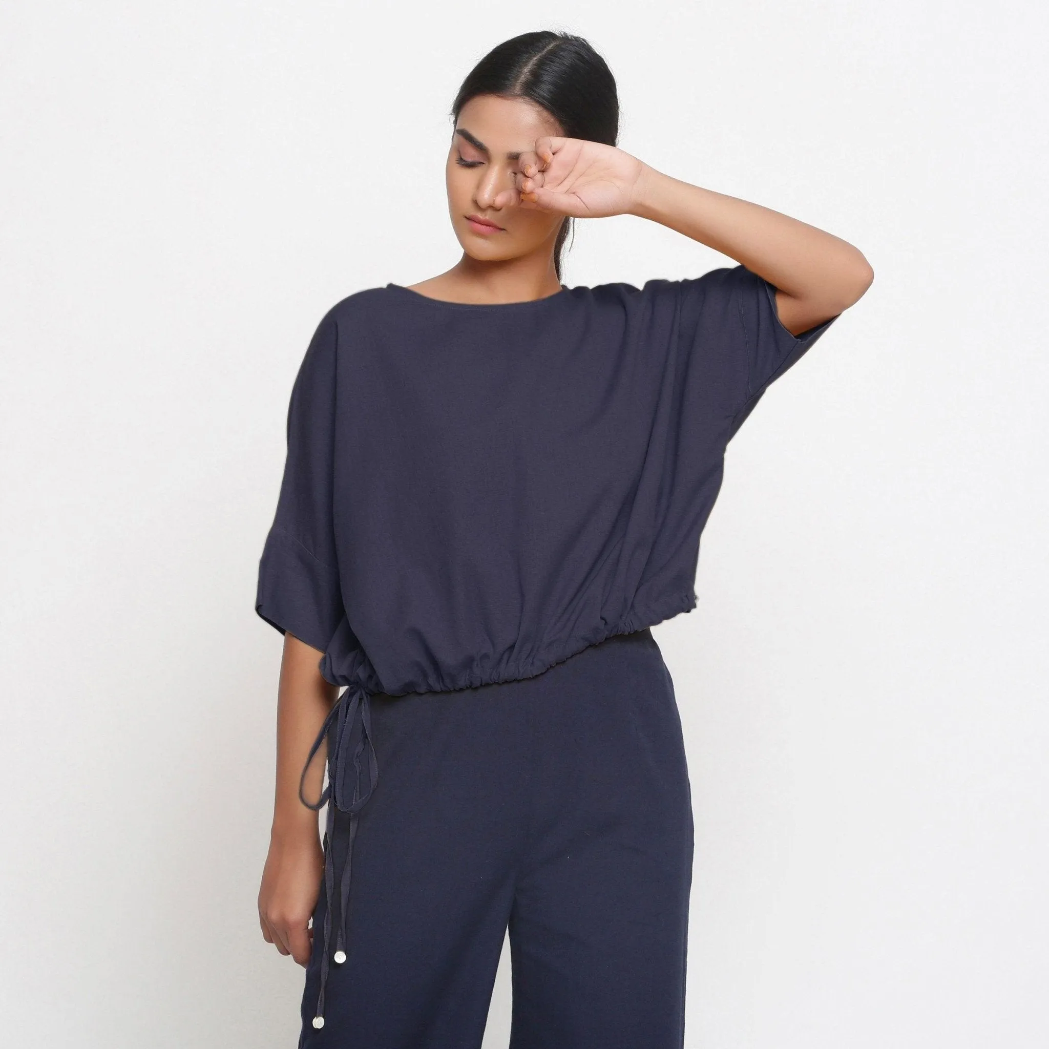 Navy Blue Cotton Flax Round Neck Blouson Top