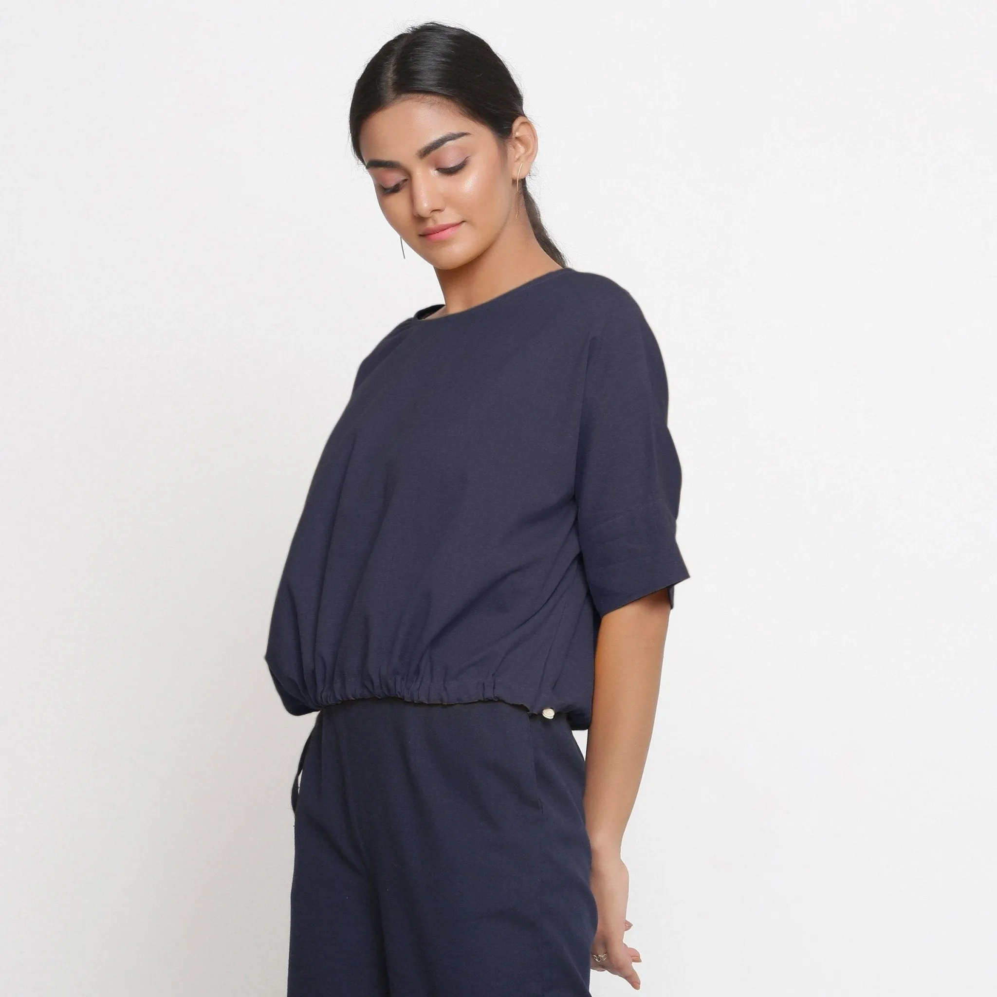 Navy Blue Cotton Flax Round Neck Blouson Top