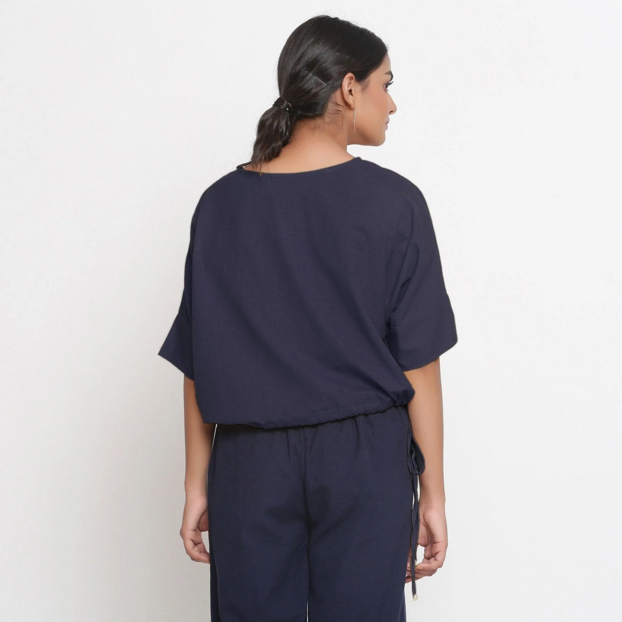 Navy Blue Cotton Flax Round Neck Blouson Top