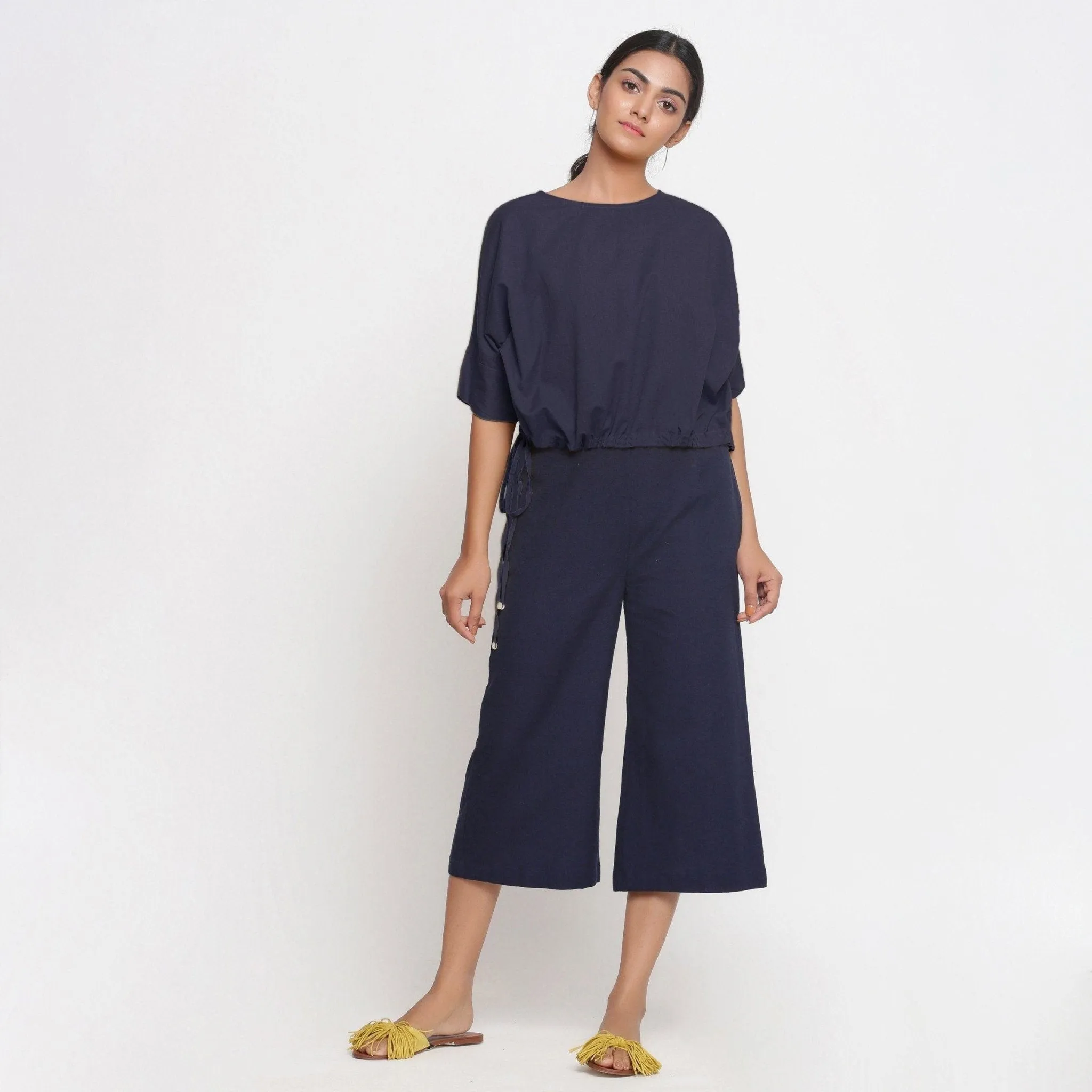 Navy Blue Cotton Flax Round Neck Blouson Top