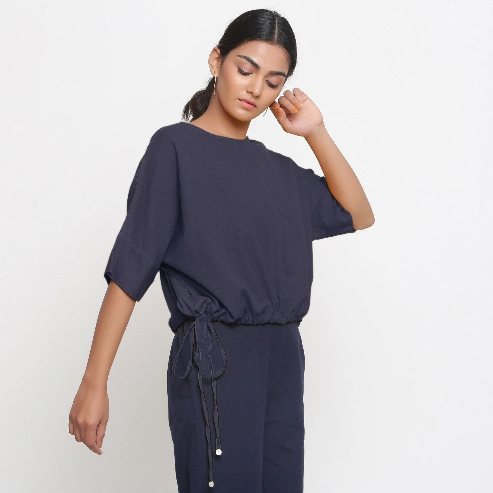 Navy Blue Cotton Flax Round Neck Blouson Top