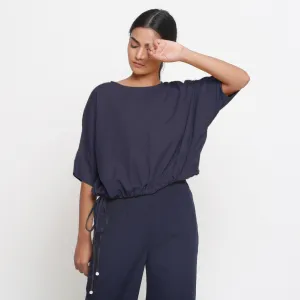 Navy Blue Cotton Flax Round Neck Blouson Top