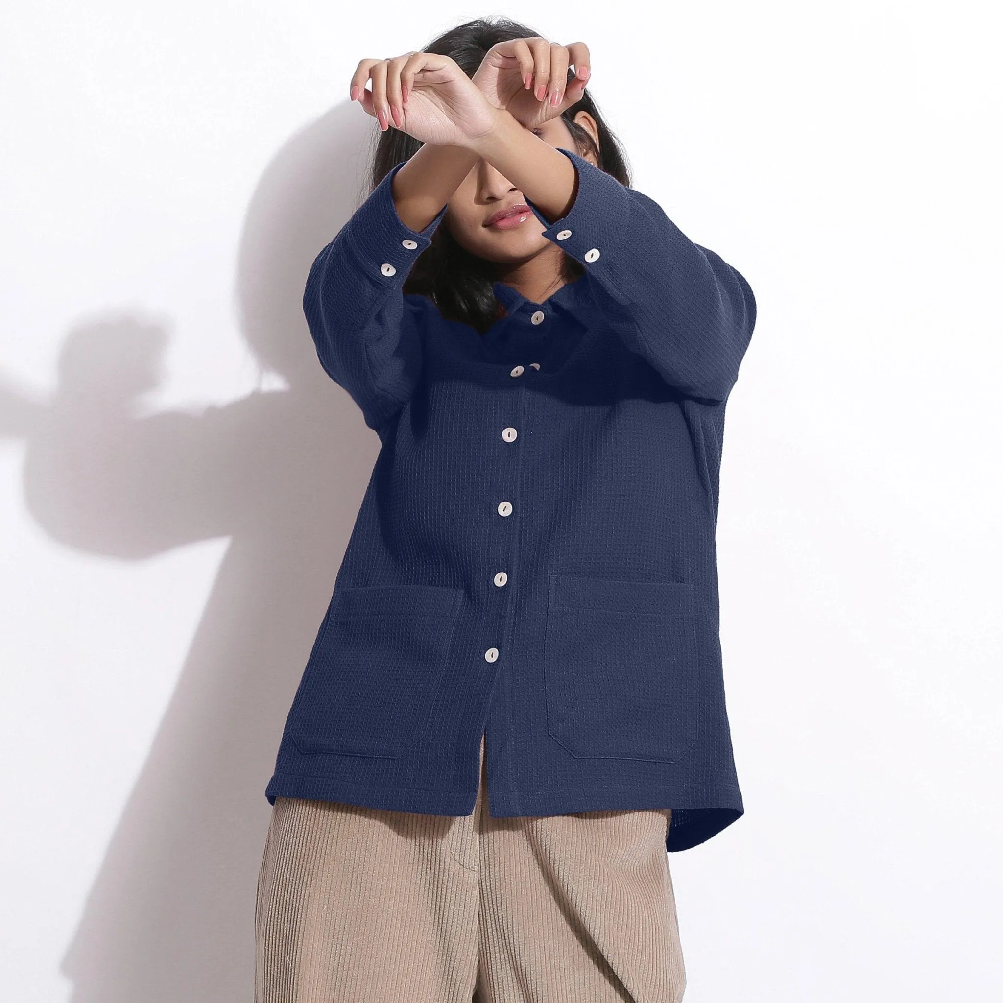 Navy Blue Warm Cotton Waffle Button-Down Shirt
