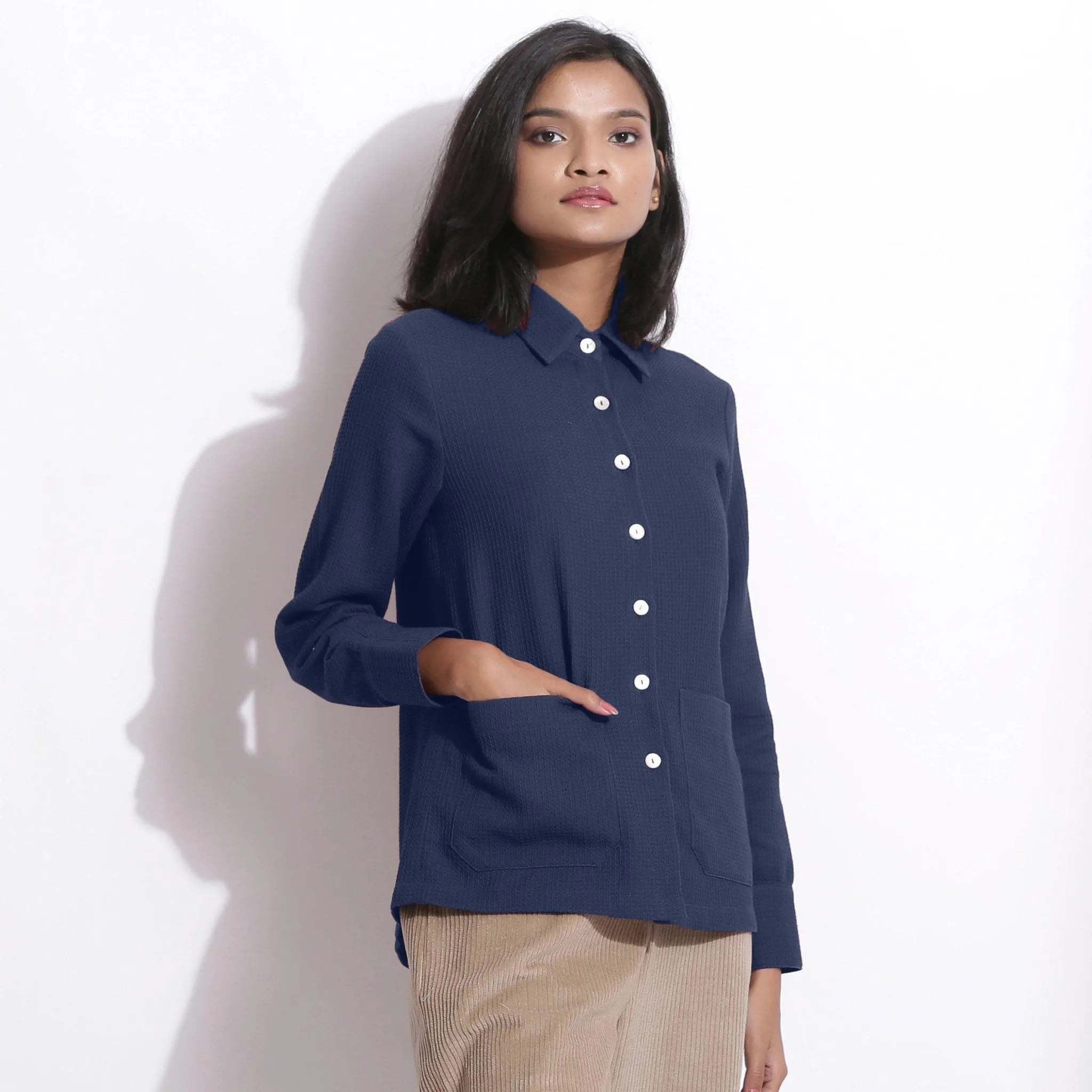 Navy Blue Warm Cotton Waffle Button-Down Shirt