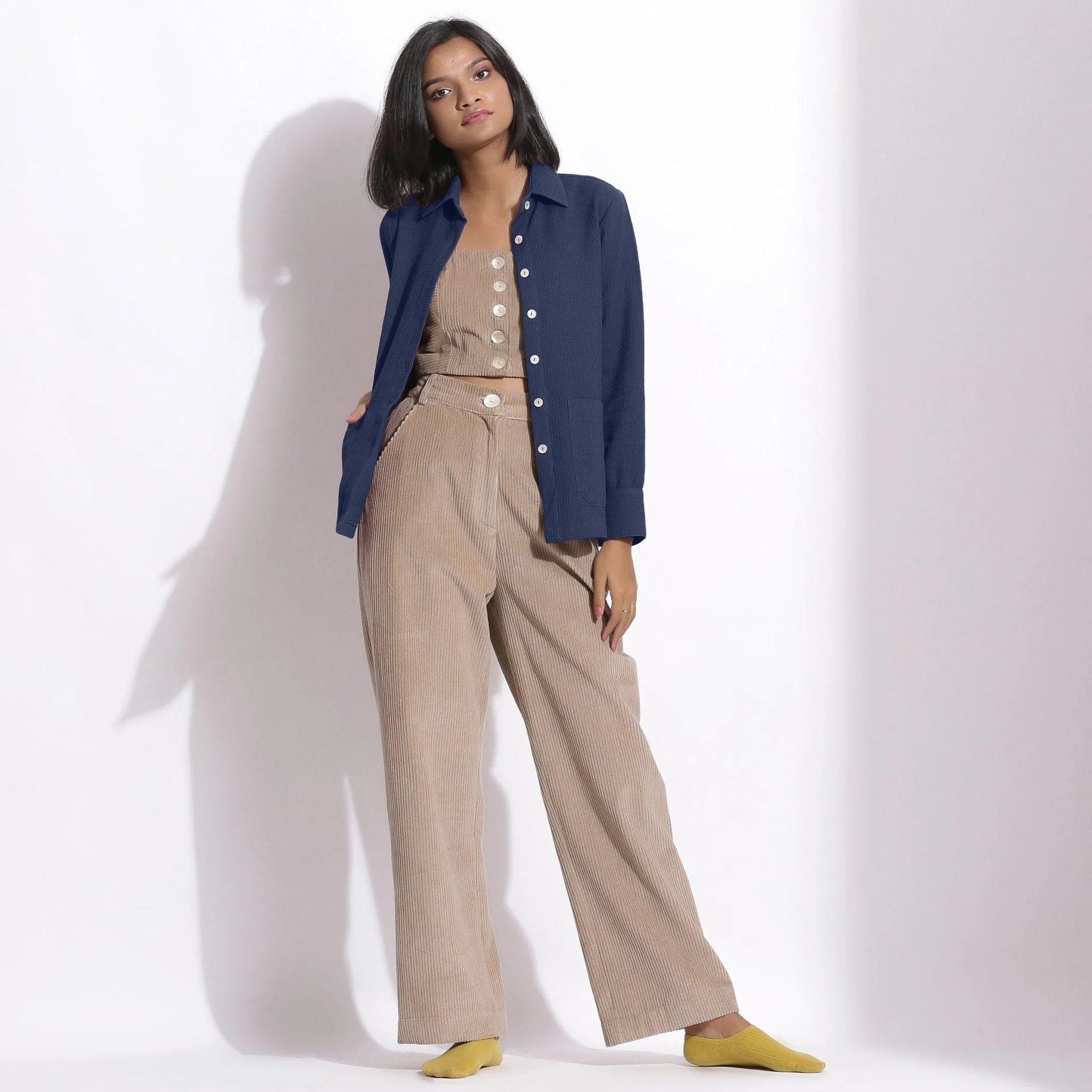 Navy Blue Warm Cotton Waffle Button-Down Shirt