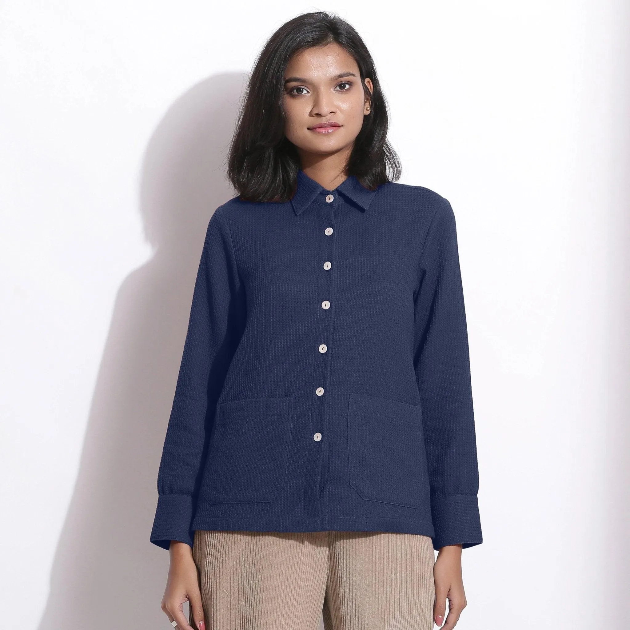 Navy Blue Warm Cotton Waffle Button-Down Shirt