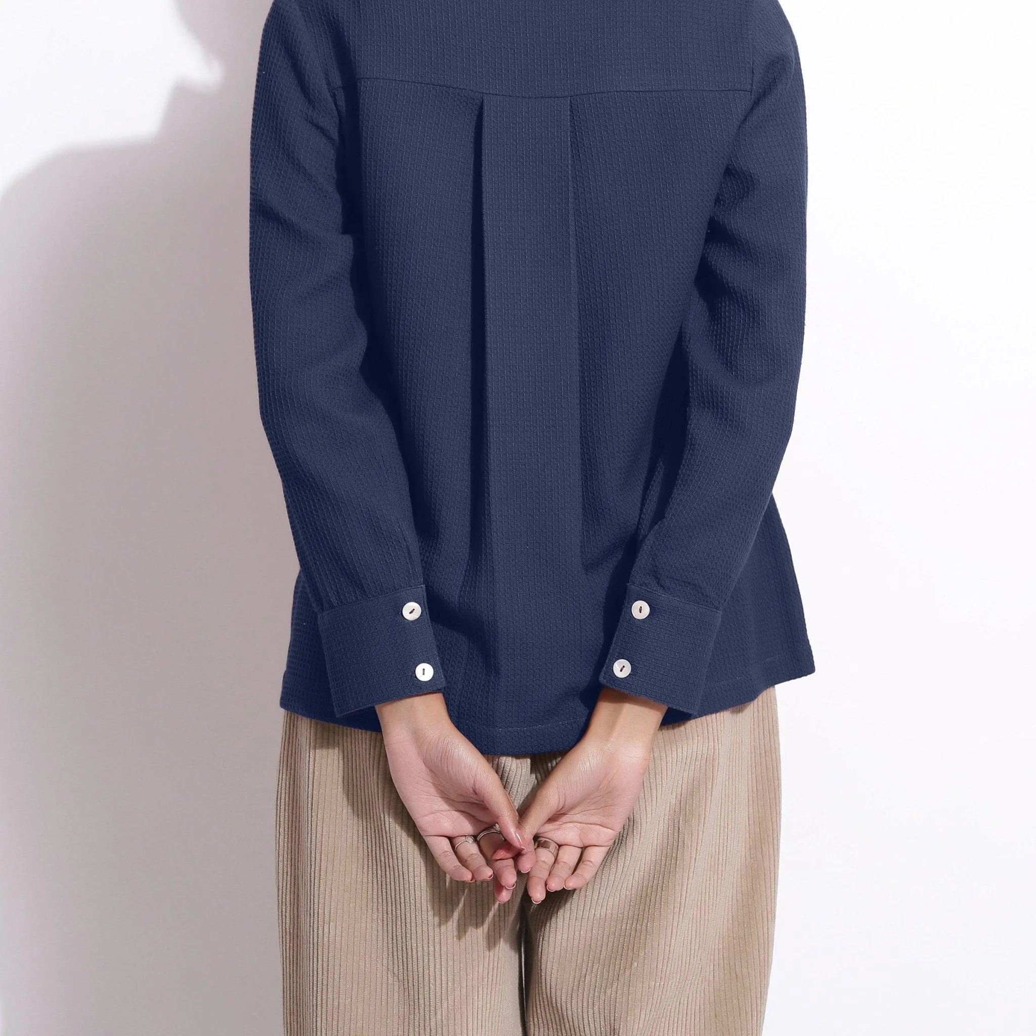 Navy Blue Warm Cotton Waffle Button-Down Shirt