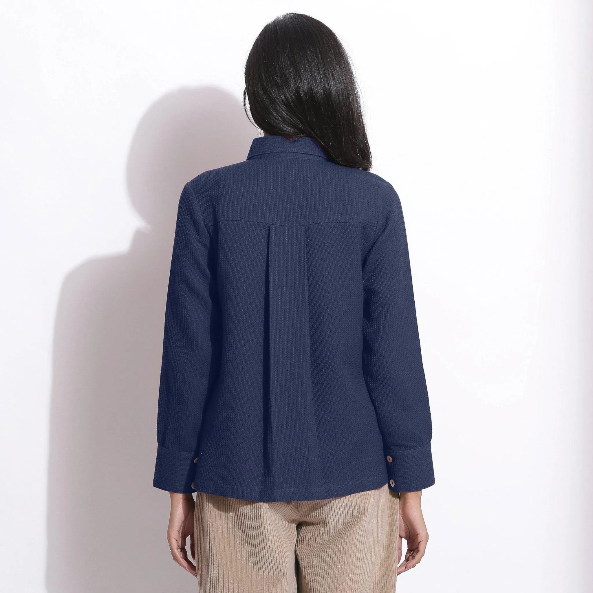 Navy Blue Warm Cotton Waffle Button-Down Shirt