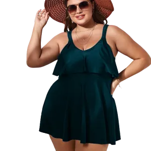 Plus Plain Green Ruffle Hem Bikini Swimsuit