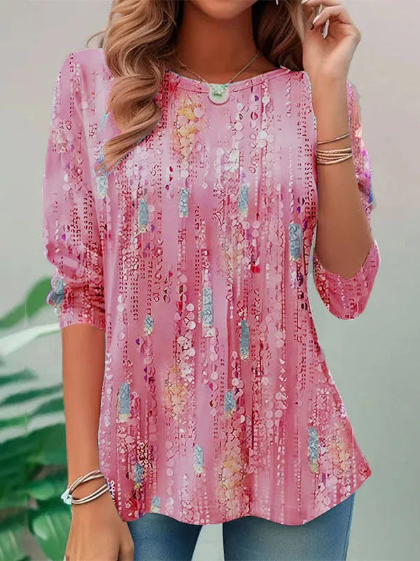 Printed A-line Long Sleeves Round-neck T-Shirts Tops