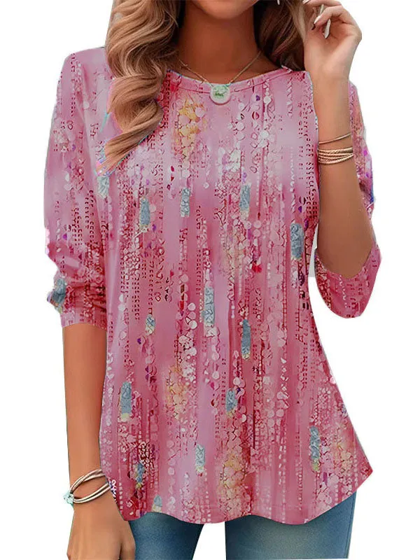 Printed A-line Long Sleeves Round-neck T-Shirts Tops