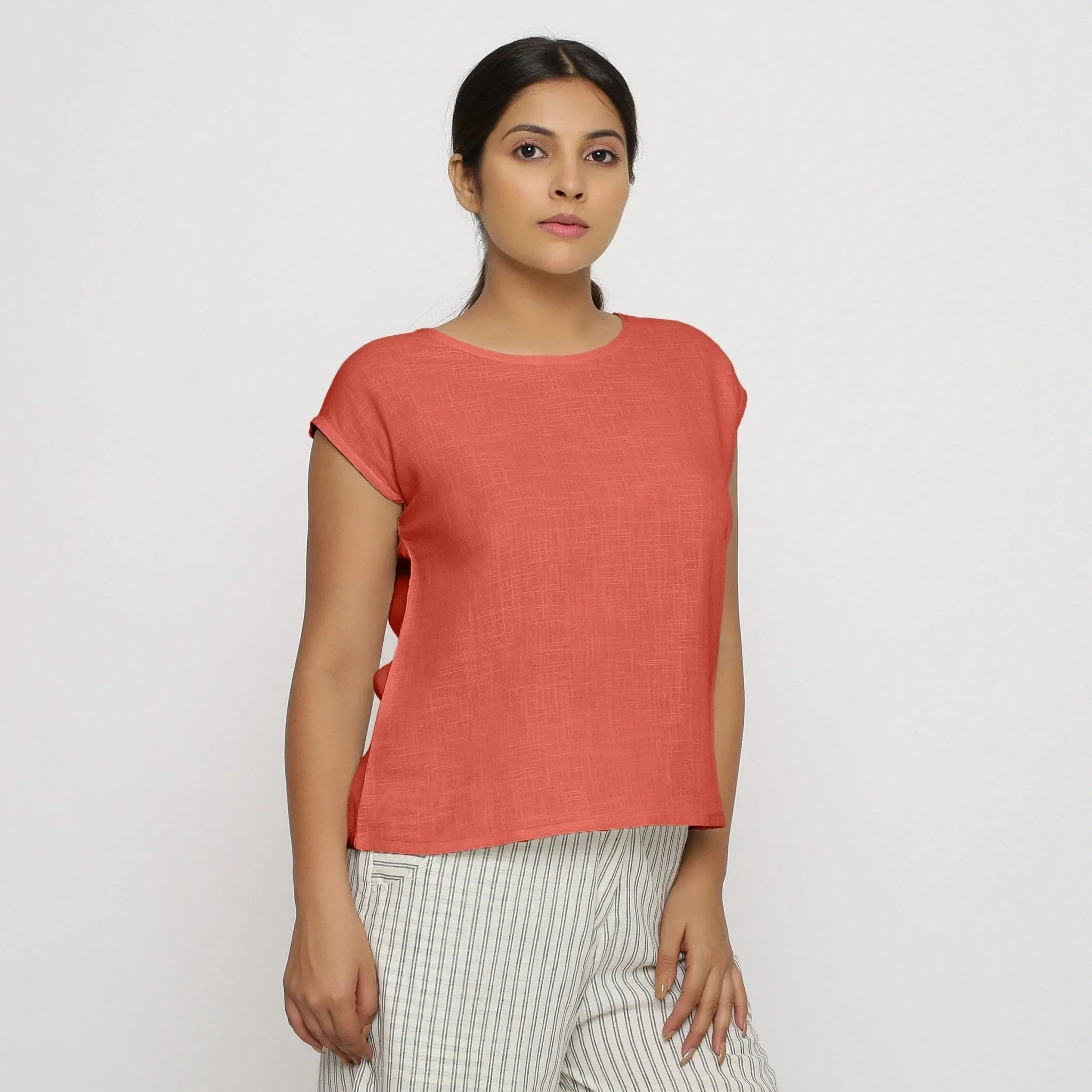 Red 100% Cotton Round Neck Cap Sleeve Top