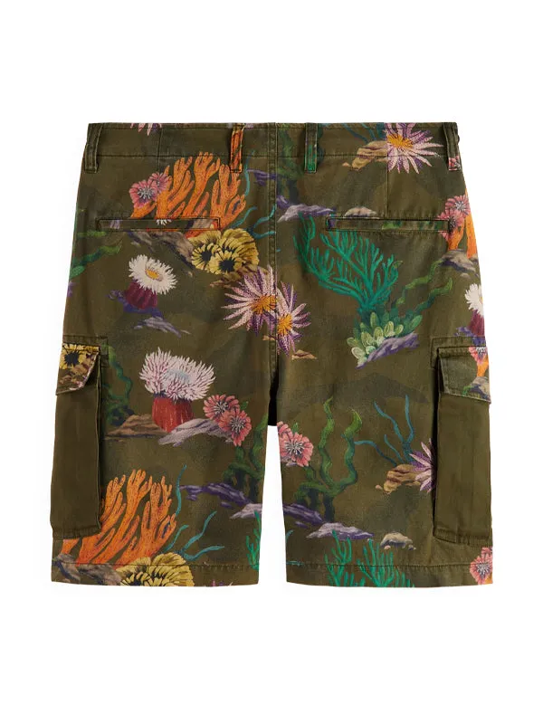 Relaxed Printed Twill Cargo Shorts: Camo Coral