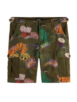 Relaxed Printed Twill Cargo Shorts: Camo Coral