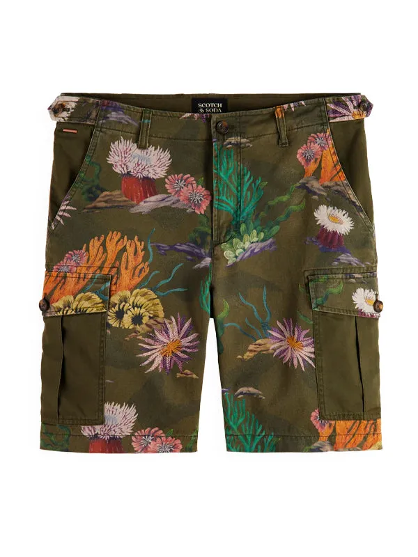 Relaxed Printed Twill Cargo Shorts: Camo Coral