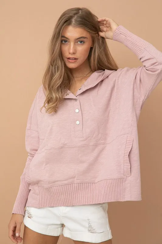 Rose Oversized Snap Up Hooded Pullover