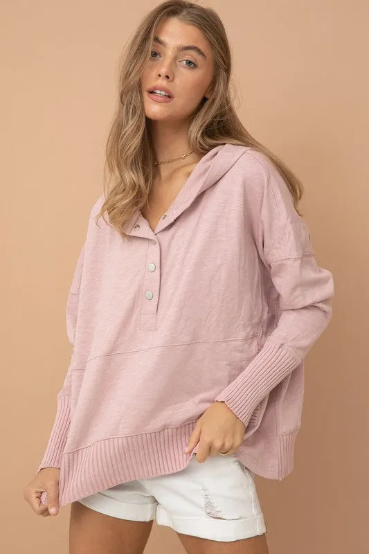 Rose Oversized Snap Up Hooded Pullover