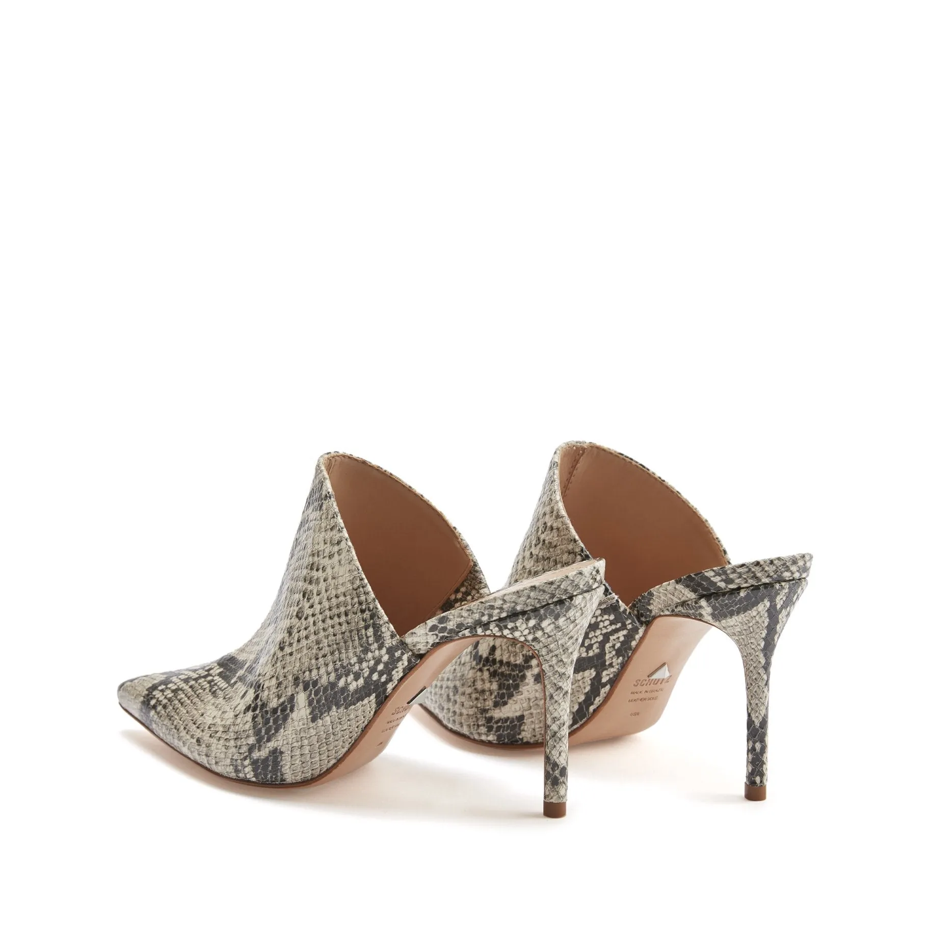 Schutz Bardot Pointed Toe Heeled Slip On Mule Natural Snake Leather Mule