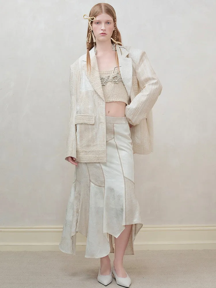 Set-Up Oversize Patchwork Asymmetry Chic Shirt＆Long-Skirt