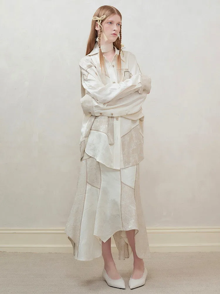 Set-Up Oversize Patchwork Asymmetry Chic Shirt＆Long-Skirt