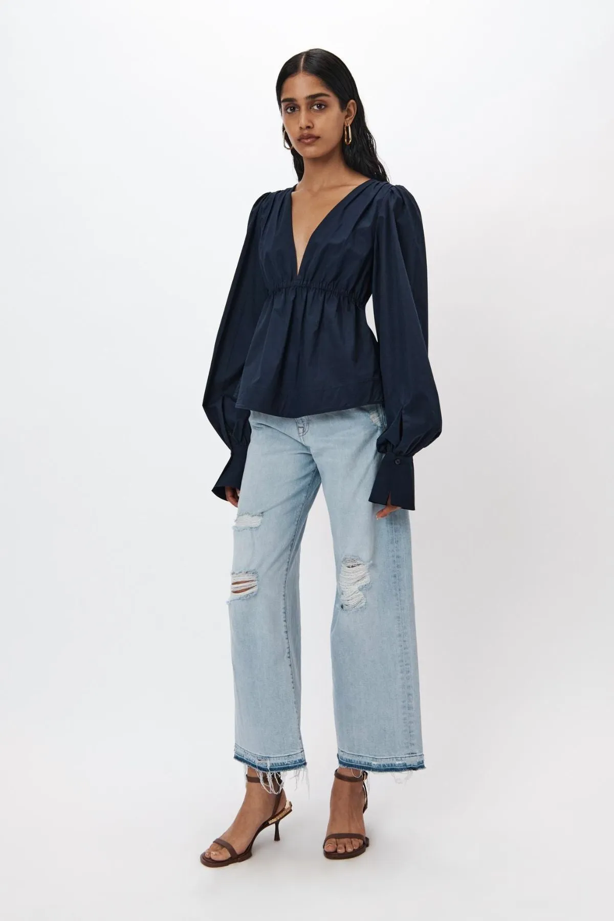Simkhai Dominique Cotton Poplin Tie Sleeve Top - Midnight