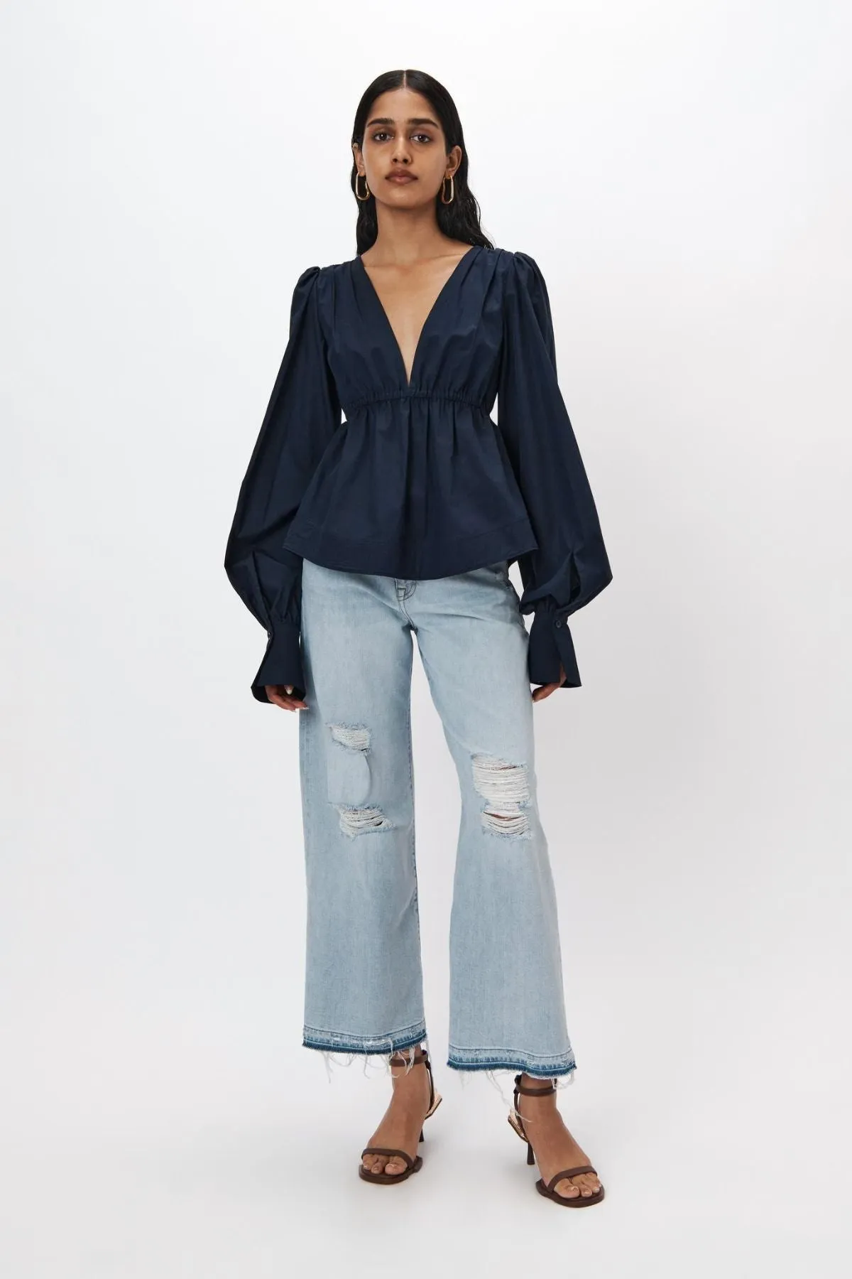 Simkhai Dominique Cotton Poplin Tie Sleeve Top - Midnight