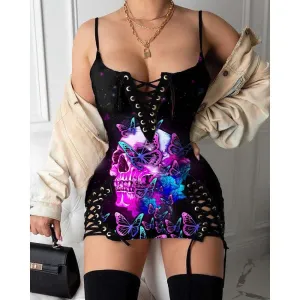 Skull Butterfly Purple Gothic Eyelet Lace-up Letter Dress