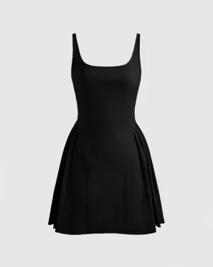 Square Neck Solid Pleated Cami Black Mini Dress