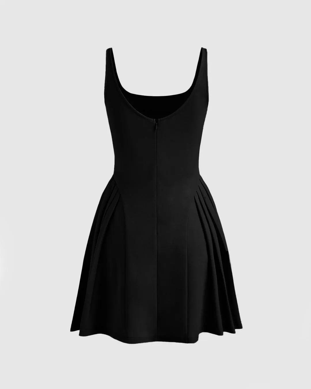 Square Neck Solid Pleated Cami Black Mini Dress