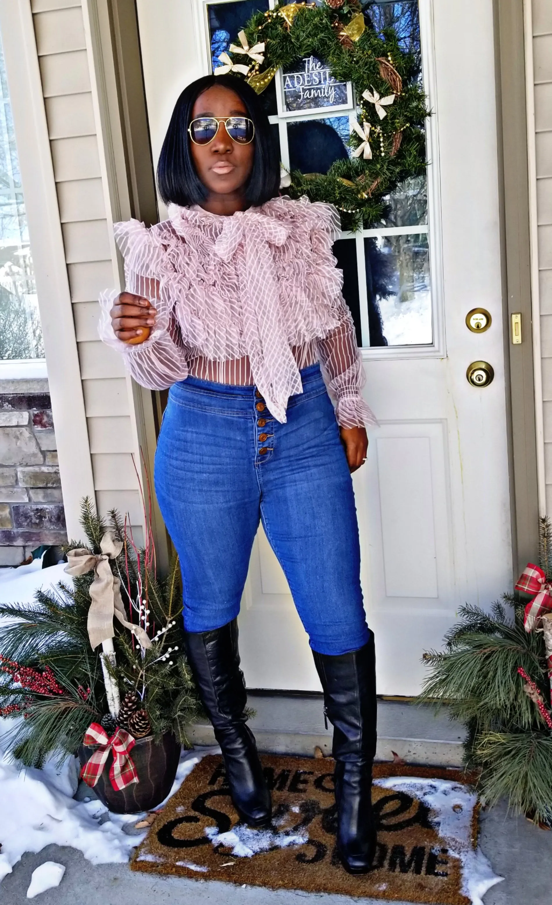Staci Tie Neck Layered Ruffle Pink Blouse(Long Sleeves)