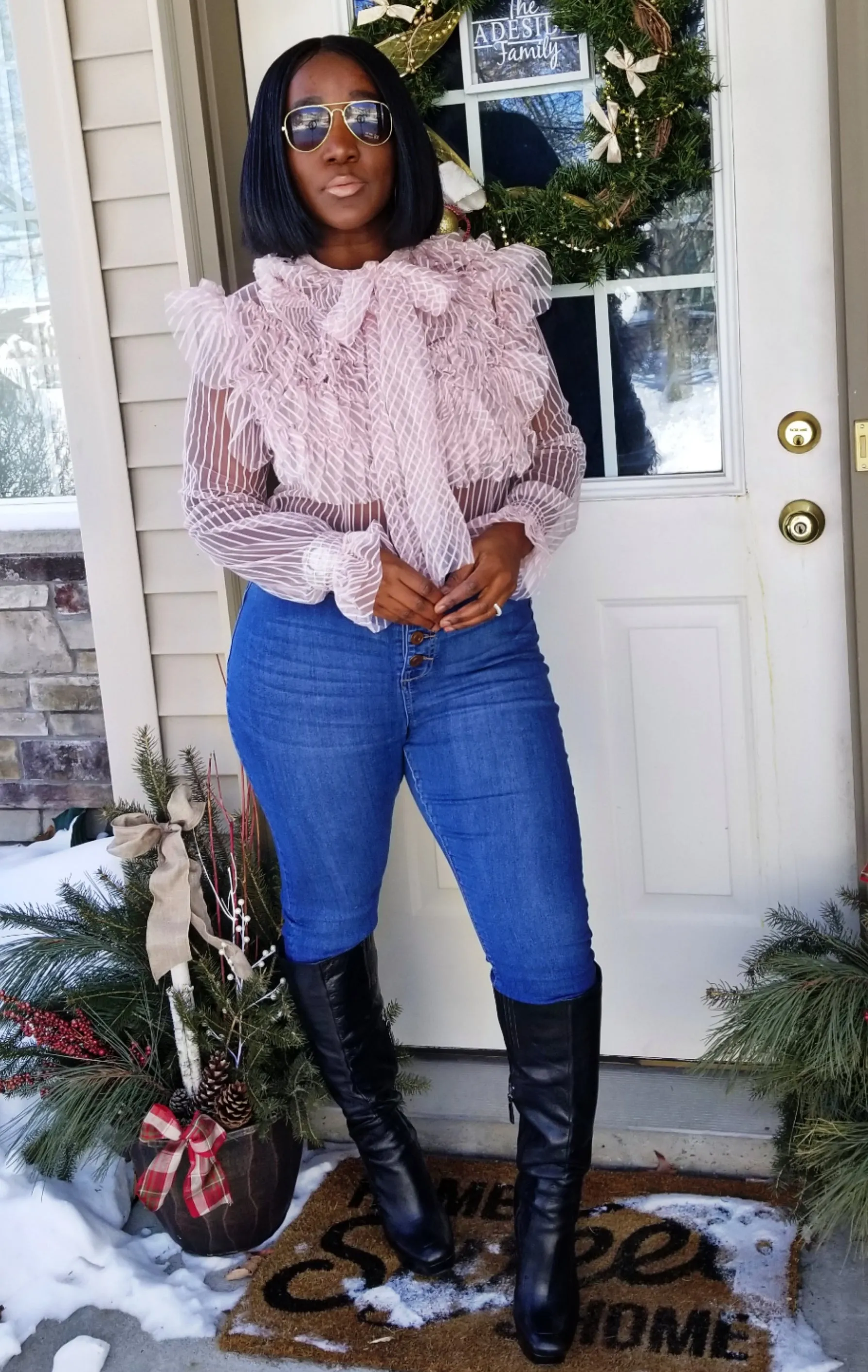 Staci Tie Neck Layered Ruffle Pink Blouse(Long Sleeves)