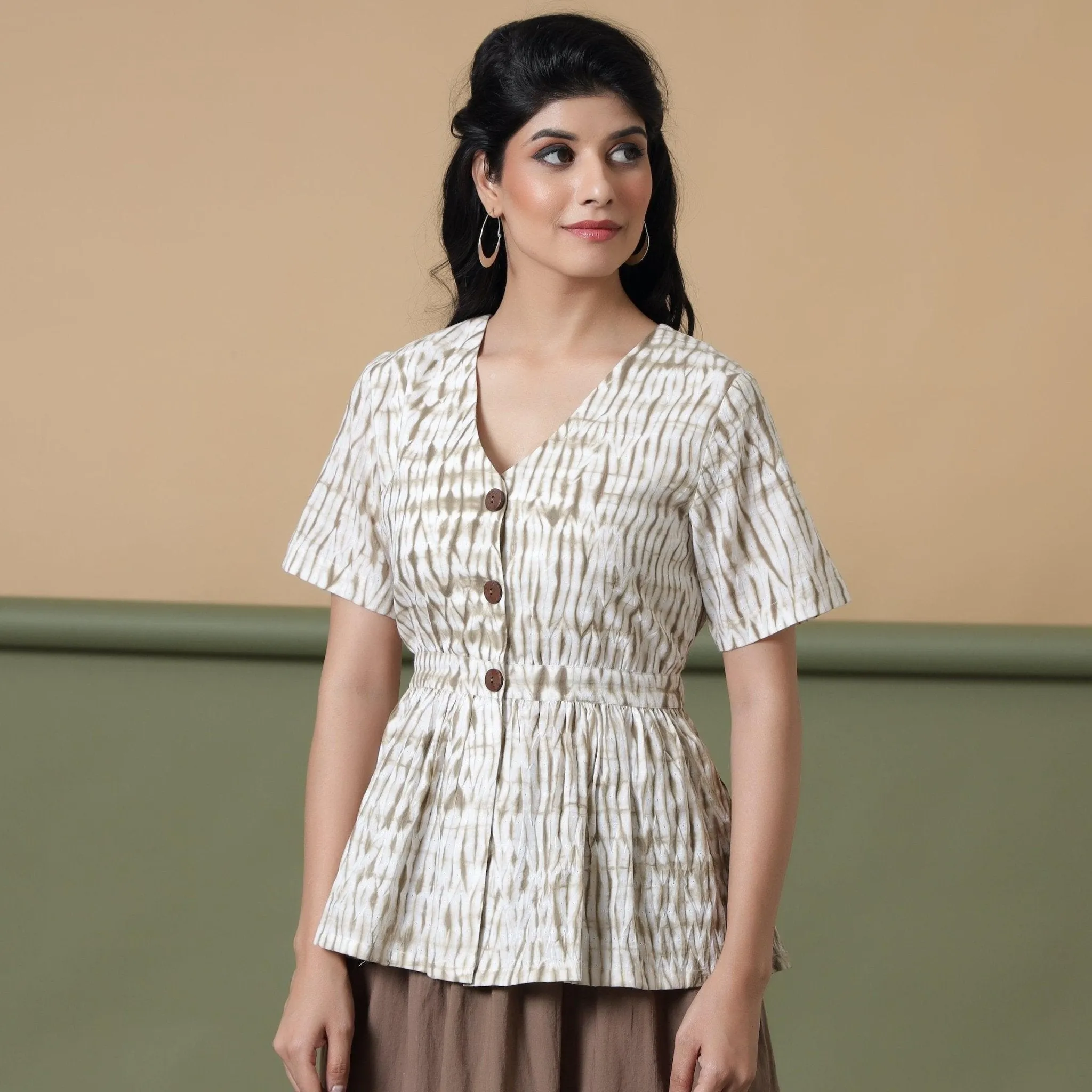 Taupe Shibori Tie-Dye Cotton Elasticated Peplum Top