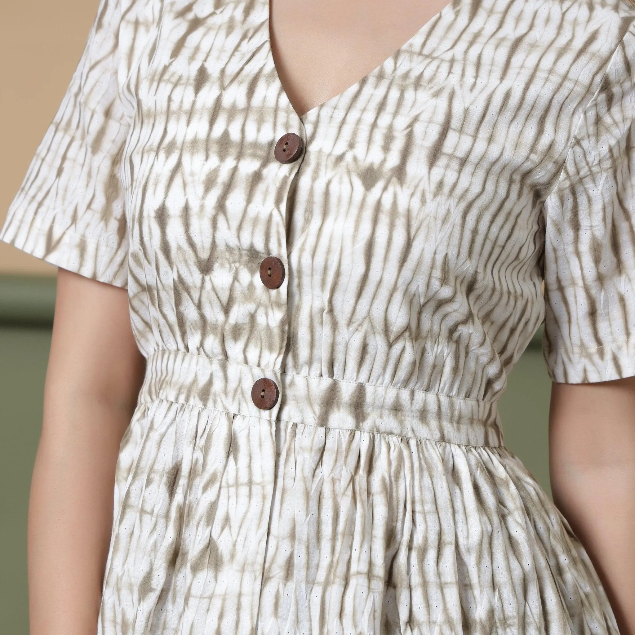 Taupe Shibori Tie-Dye Cotton Elasticated Peplum Top