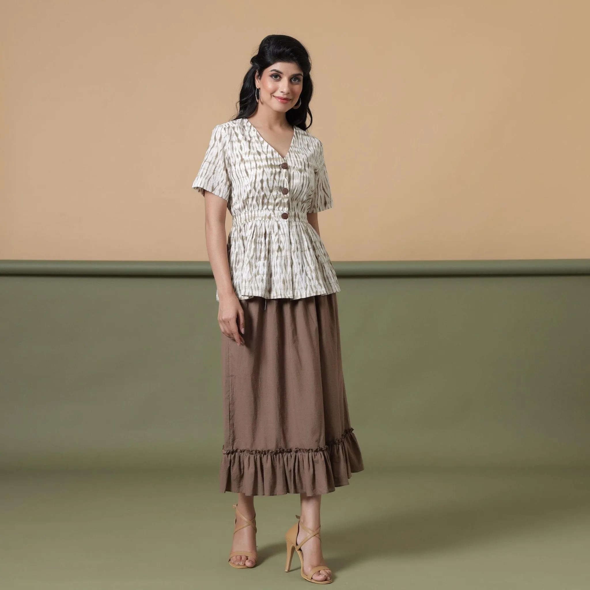 Taupe Shibori Tie-Dye Cotton Elasticated Peplum Top